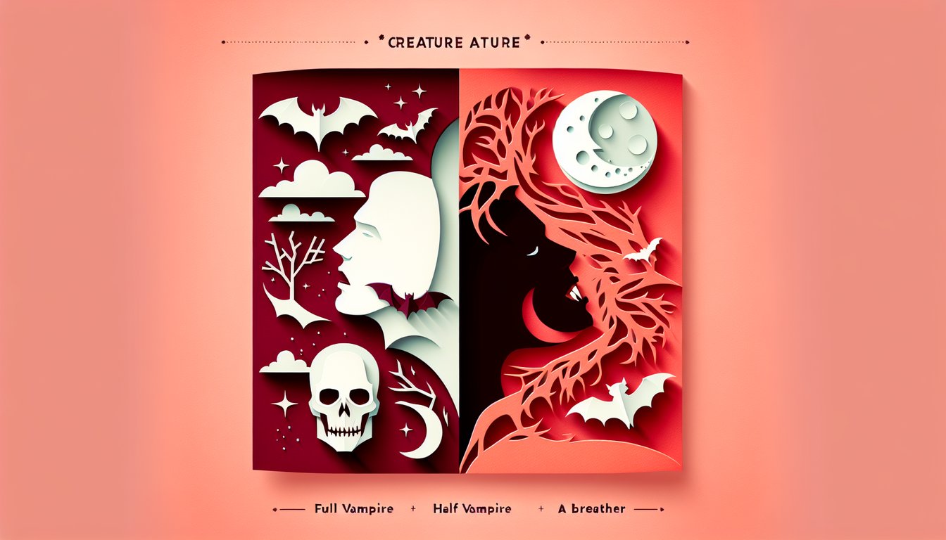 Paper art illustration of half vampire half human face with layered paper cutouts on coral background for vampire quiz