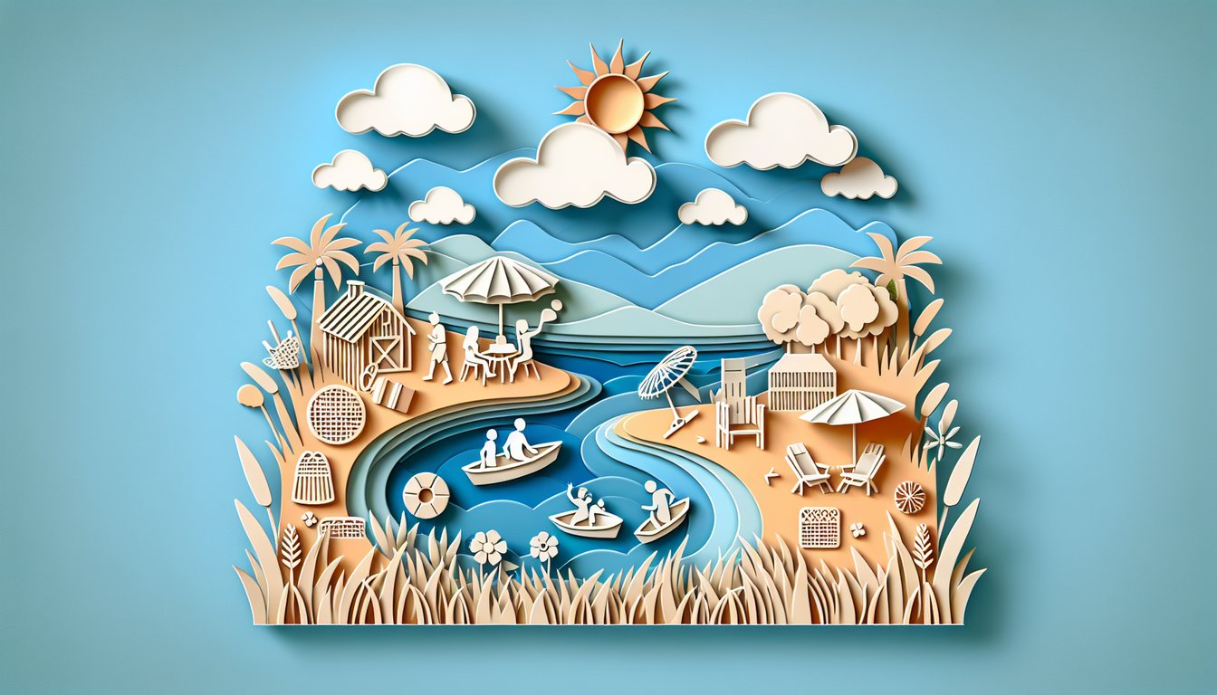Paper cut summer icons and quiz title on sky blue background for free August trivia challenge with instant feedback