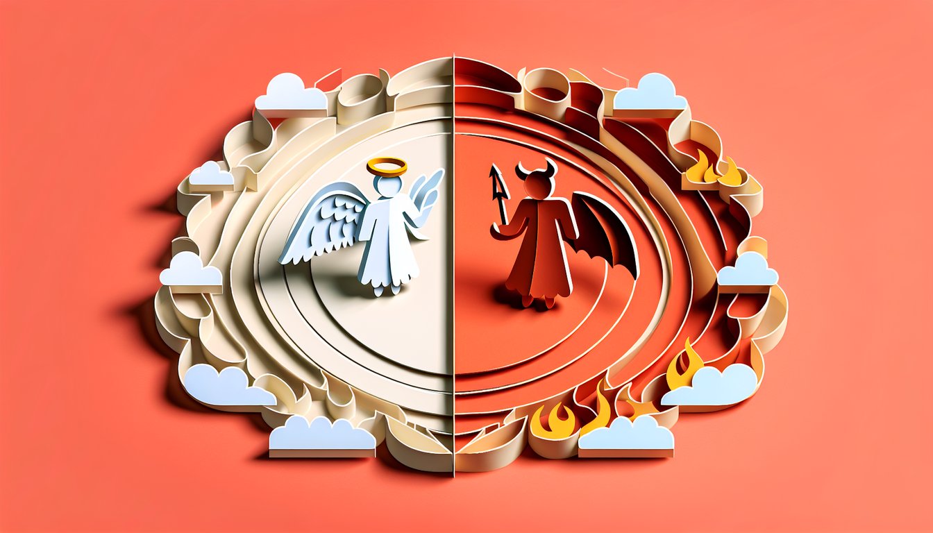 Paper art angel wings and demon horns split on coral background for quiz on angelic demonic in between