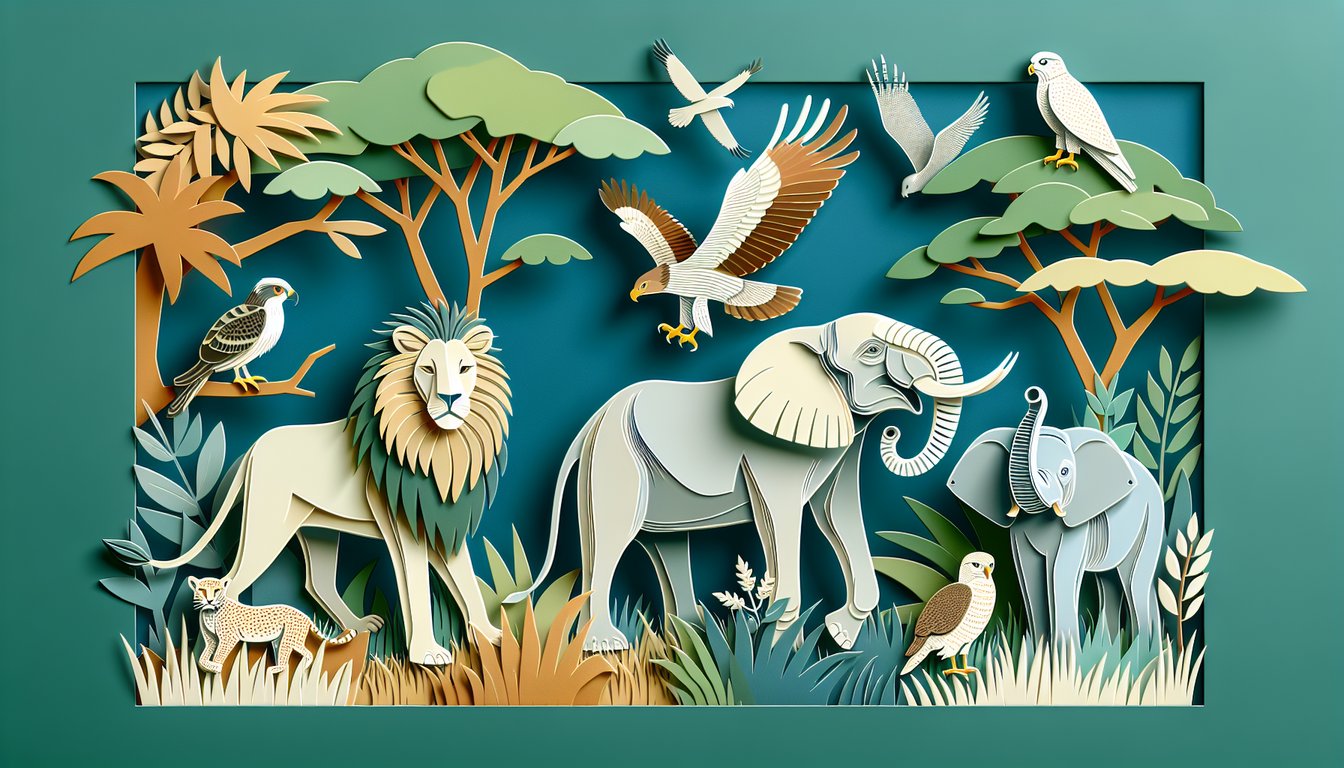 Paper art stylized wild animals around bold trivia quiz heading on teal background