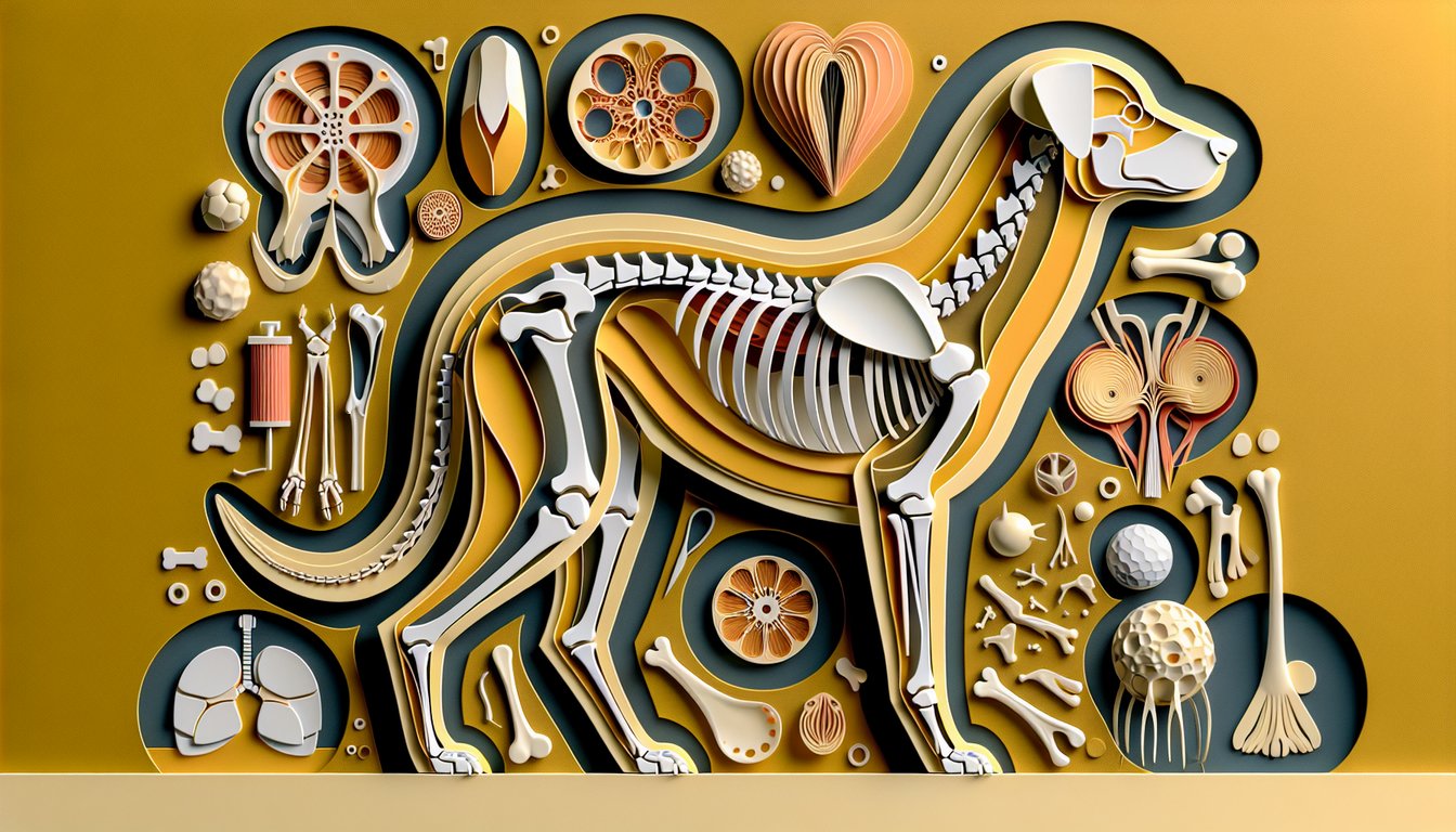 Paper art dog skeleton and organs on golden yellow background for vet anatomy quiz