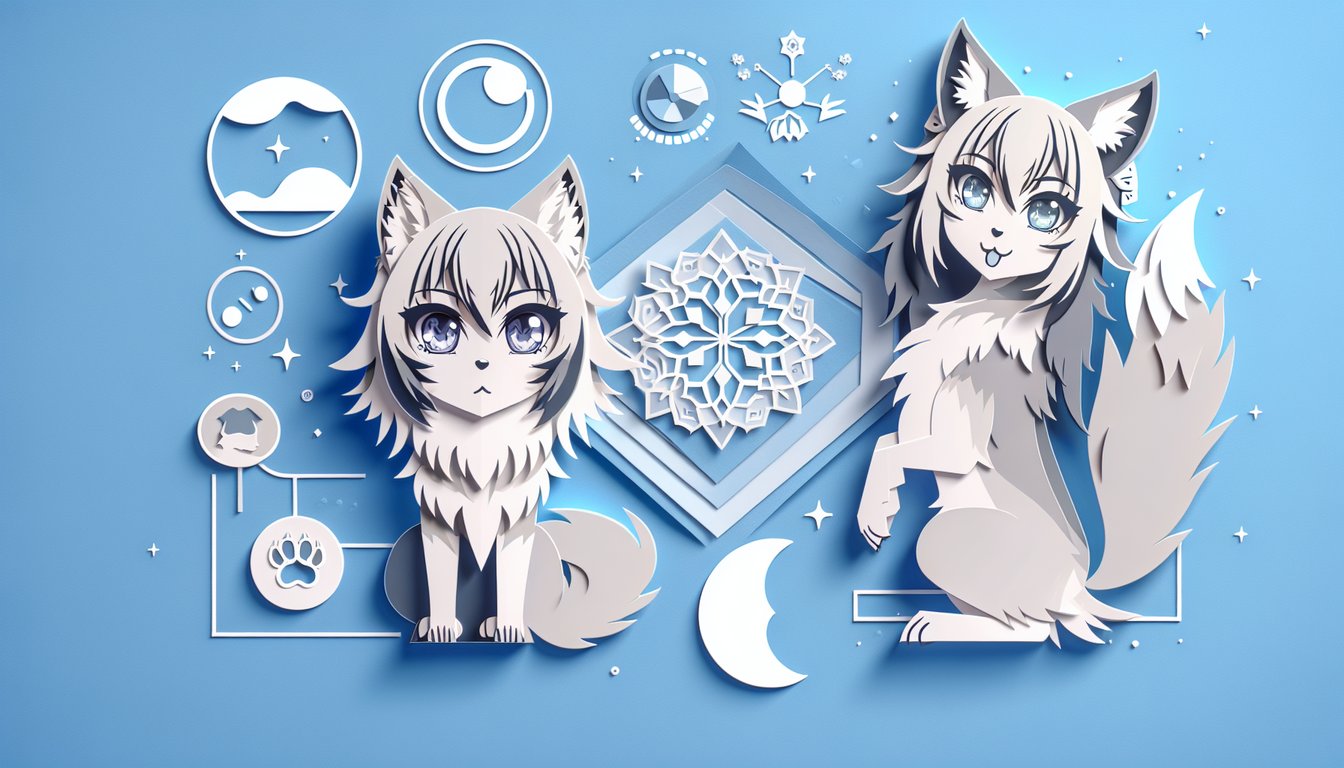 Anime female wolf quiz paper art illustration on a sky blue background