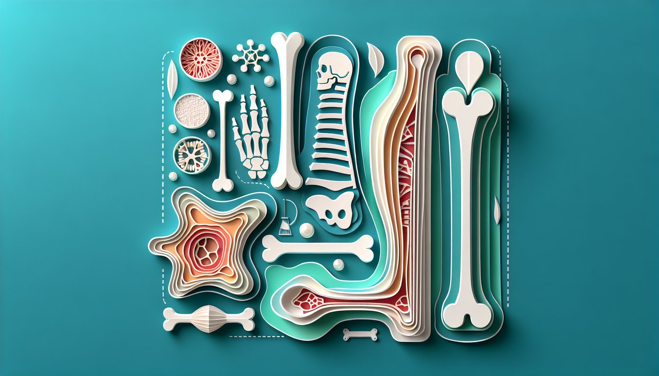 Paper art illustration of bone cross section showing mineral outer layer spongy inner layer red marrow on teal background