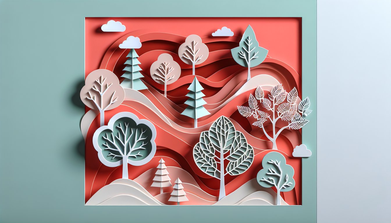 Paper art illustration for tree identification quiz on a coral background