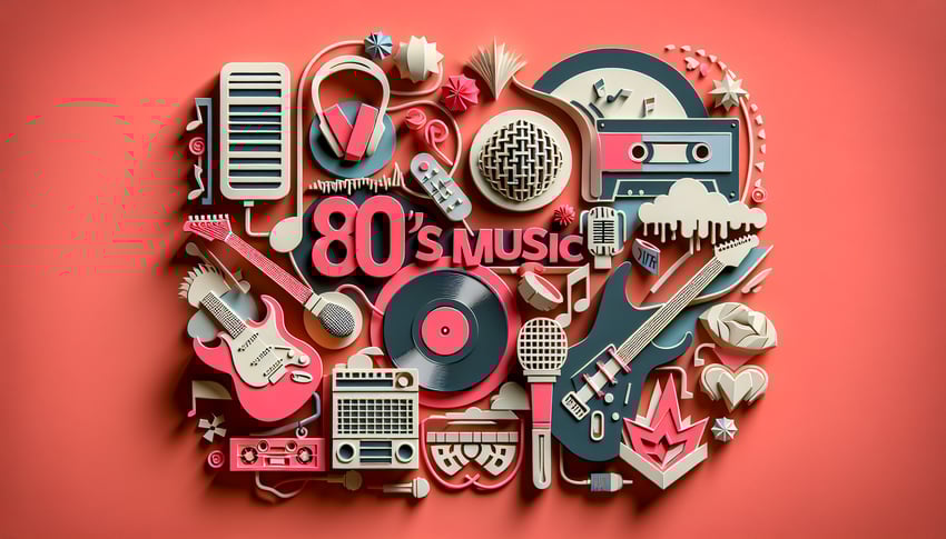 Paper art collage of 80s music elements, vinyl record, cassette, boombox, headphones, neon shapes on coral background