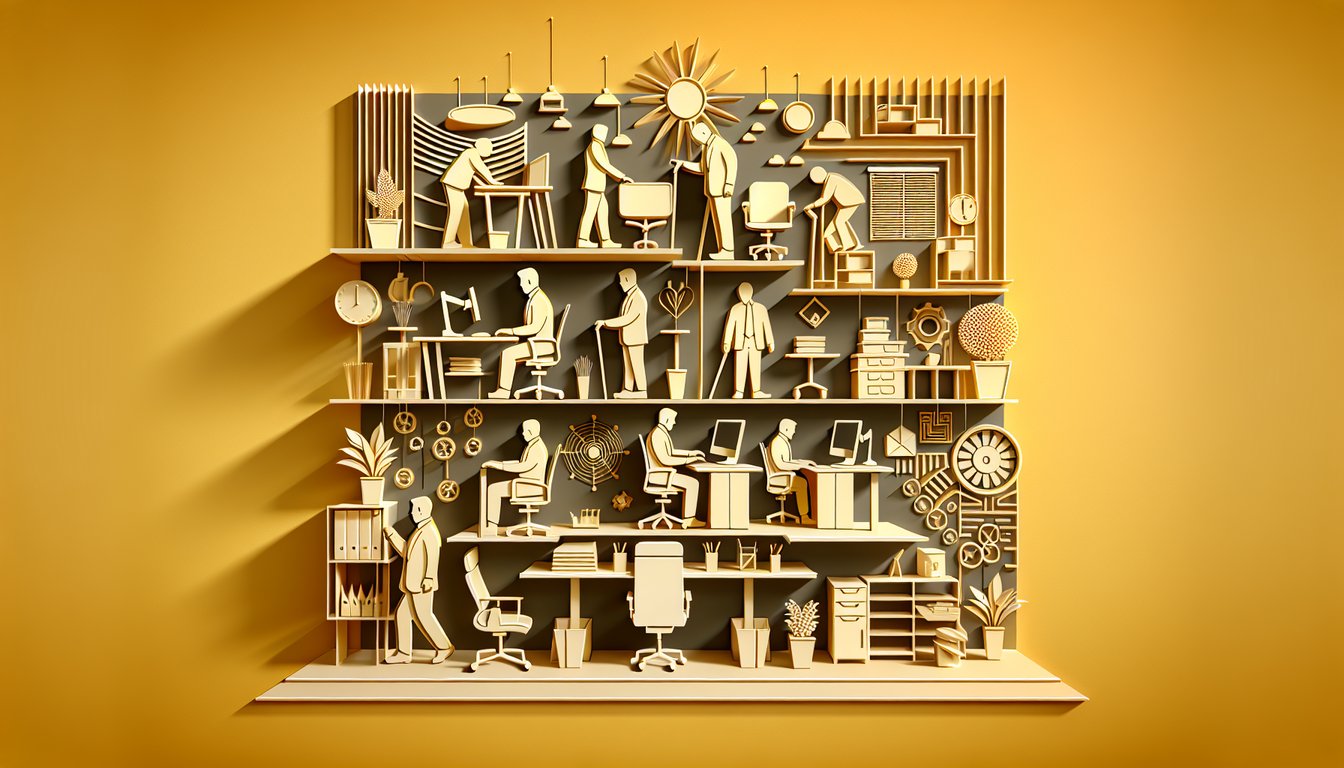 paper art office setup with adjustable desk chair laptop illustrating ergonomic posture quiz on golden yellow background
