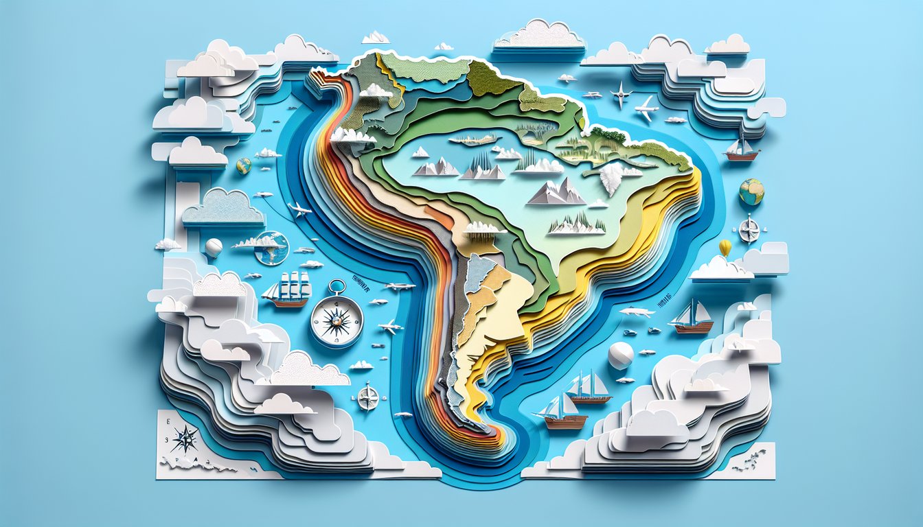 Paper art illustration of a stylized South America map on sky blue background inviting quiz challenge.