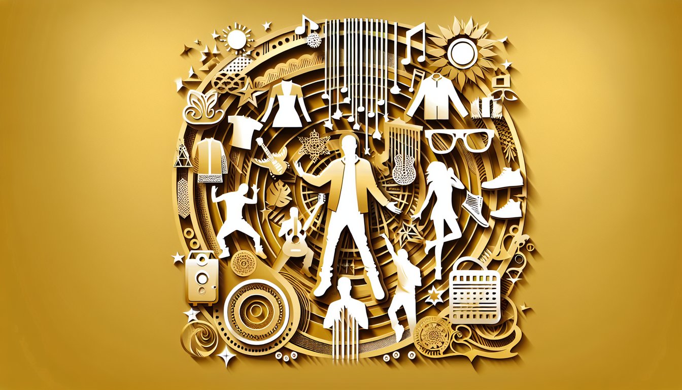 Paper art illustration for K-pop style quiz on golden yellow background