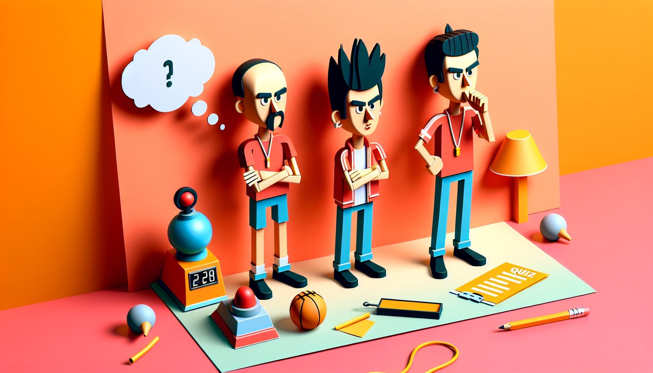Paper art illustration for Coach Beavis and Butthead trivia quiz on a coral background.