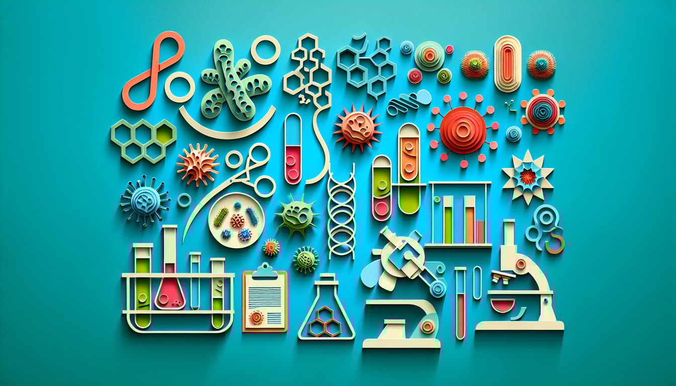 Paper art depicts microbiology lab quiz elements bacteria viruses test tubes petri dish microscope on teal background