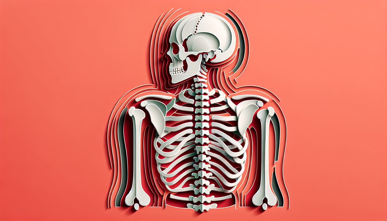 paper art skeleton spine and ribs illustration on coral background with blank vertebra labels for quiz