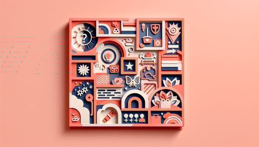 Paper art illustration for personality quiz to find your nickname based on favorite things and traits on coral background
