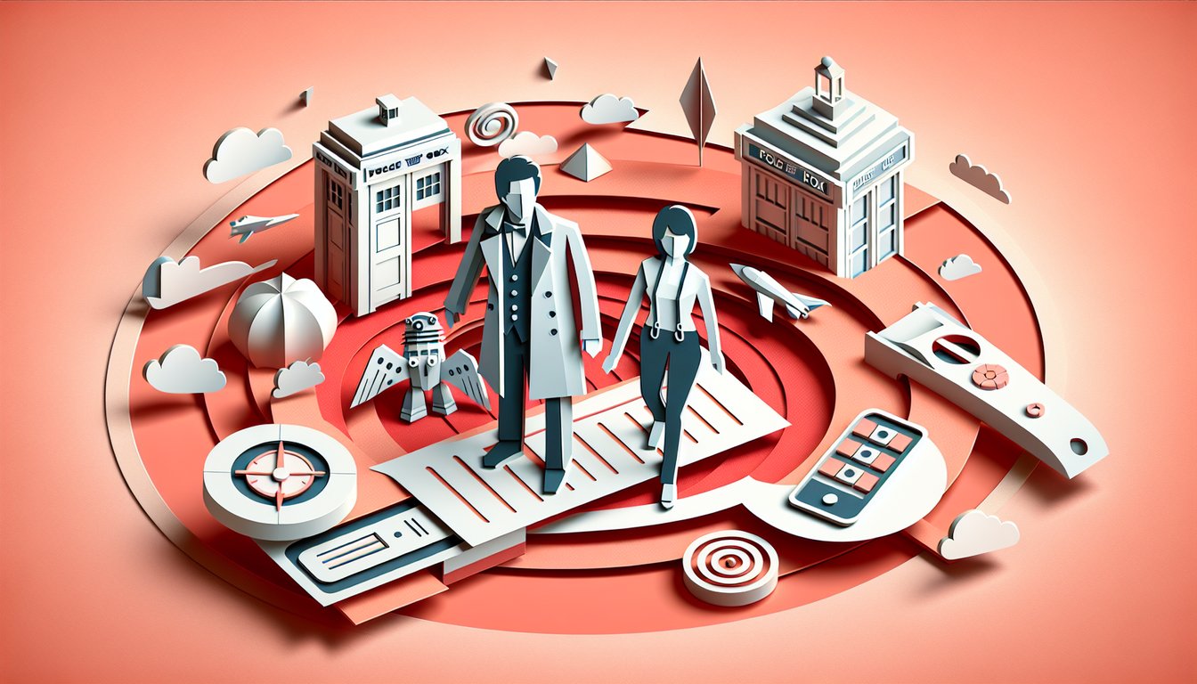 Paper art illustration for Doctor Who companion quiz on coral background with layered paper cutouts