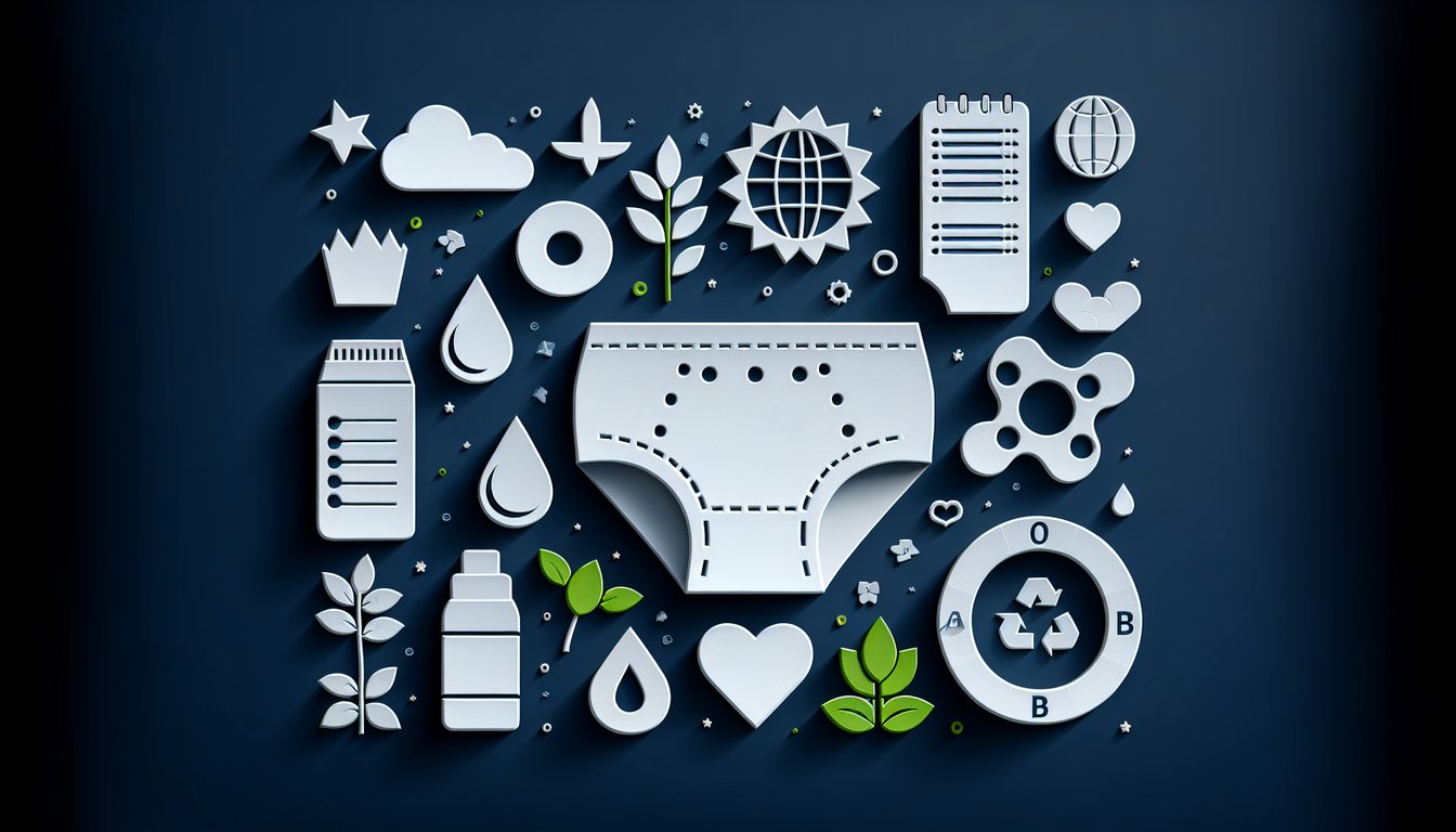 Paper art of diapers eco materials and quiz prompt on dark blue background testing absorbency fit and green choices