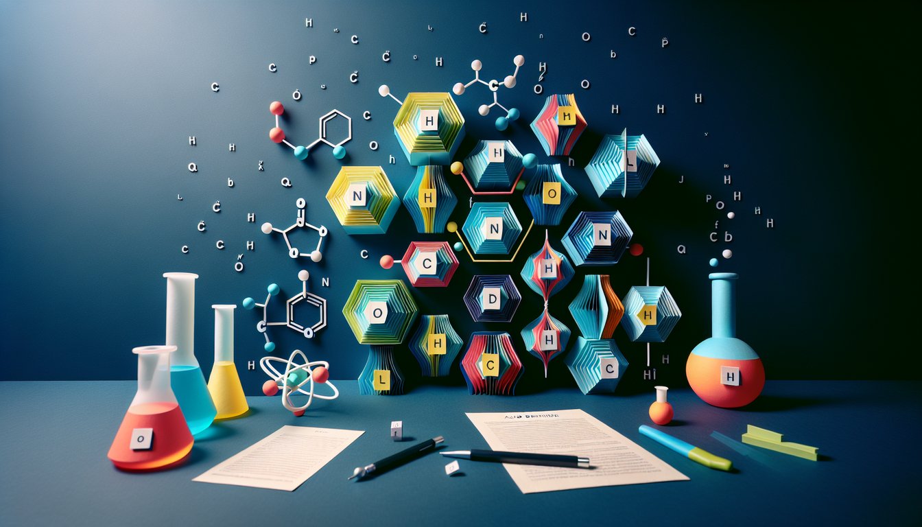Paper art for trivia quiz challenging college students to identify acid derivative compounds.