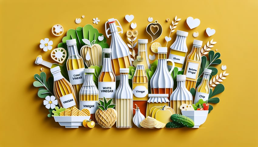 paper art illustration featuring vinegar bottles leaves and quiz text on a golden yellow background