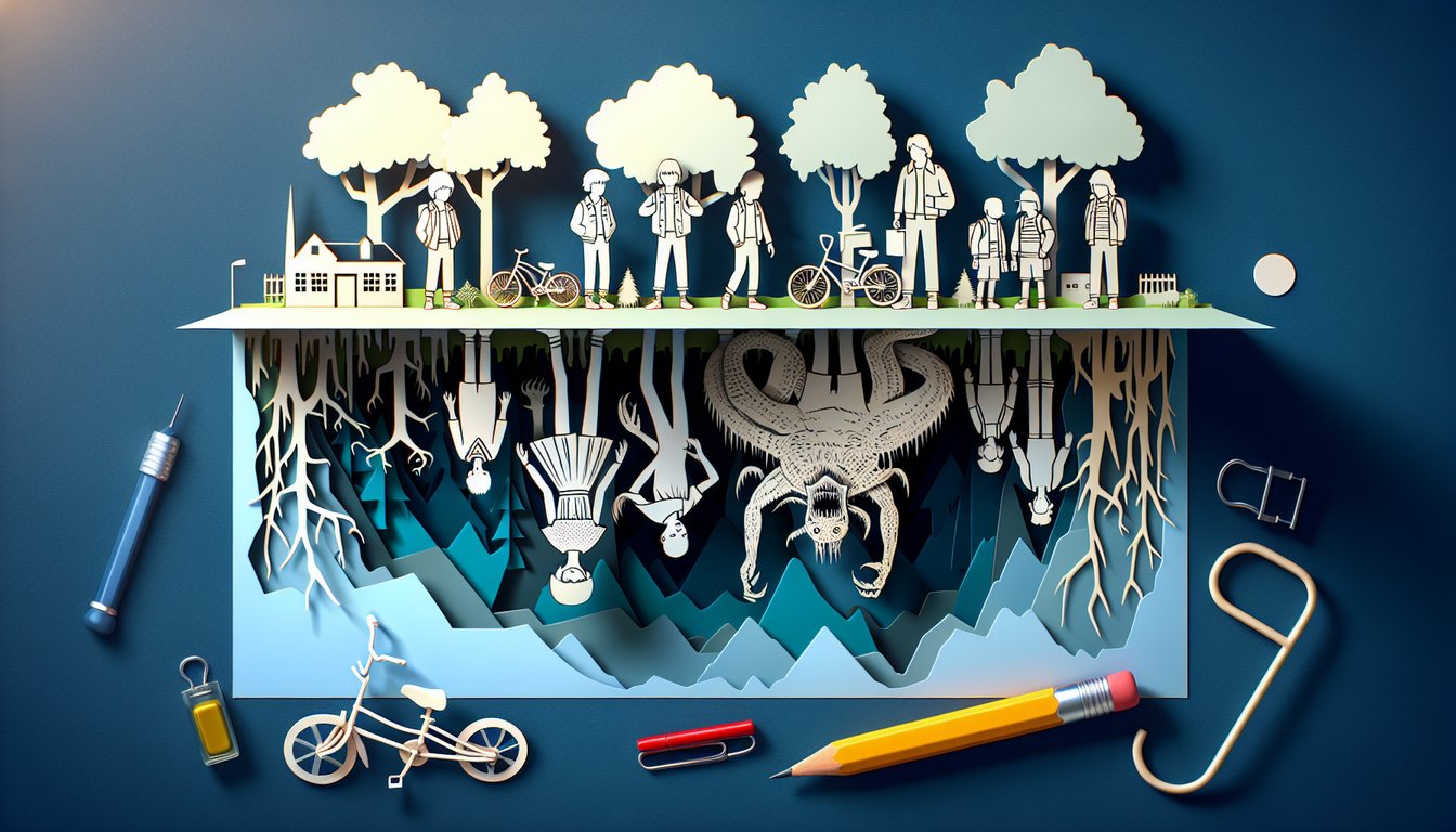 Paper art illustration for Stranger Things personality quiz on dark blue background