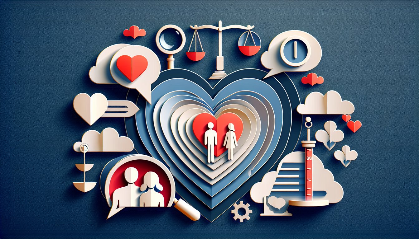 Paper art illustration showing hearts in puzzle pieces over dark blue background for relationship health quiz.