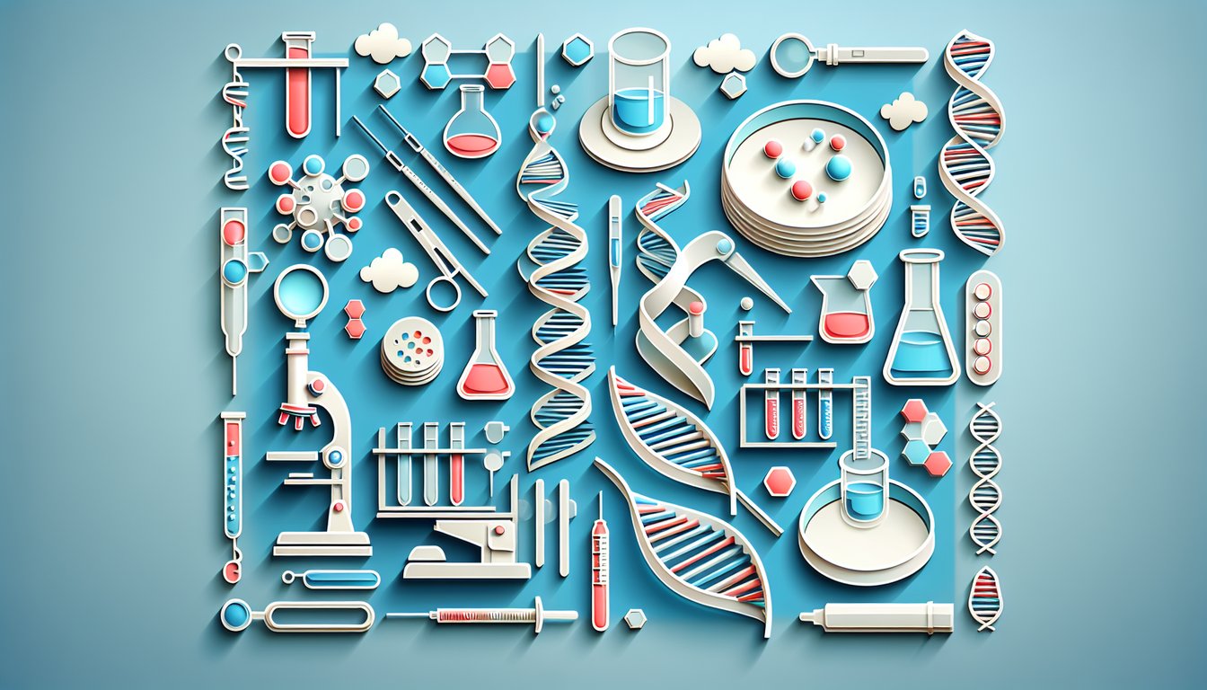 Paper art illustrating a molecular biology quiz game with DNA extraction and lab techniques on a sky blue background.