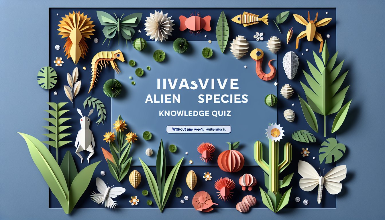 Colorful paper art depicting a trivia quiz on invasive alien species knowledge