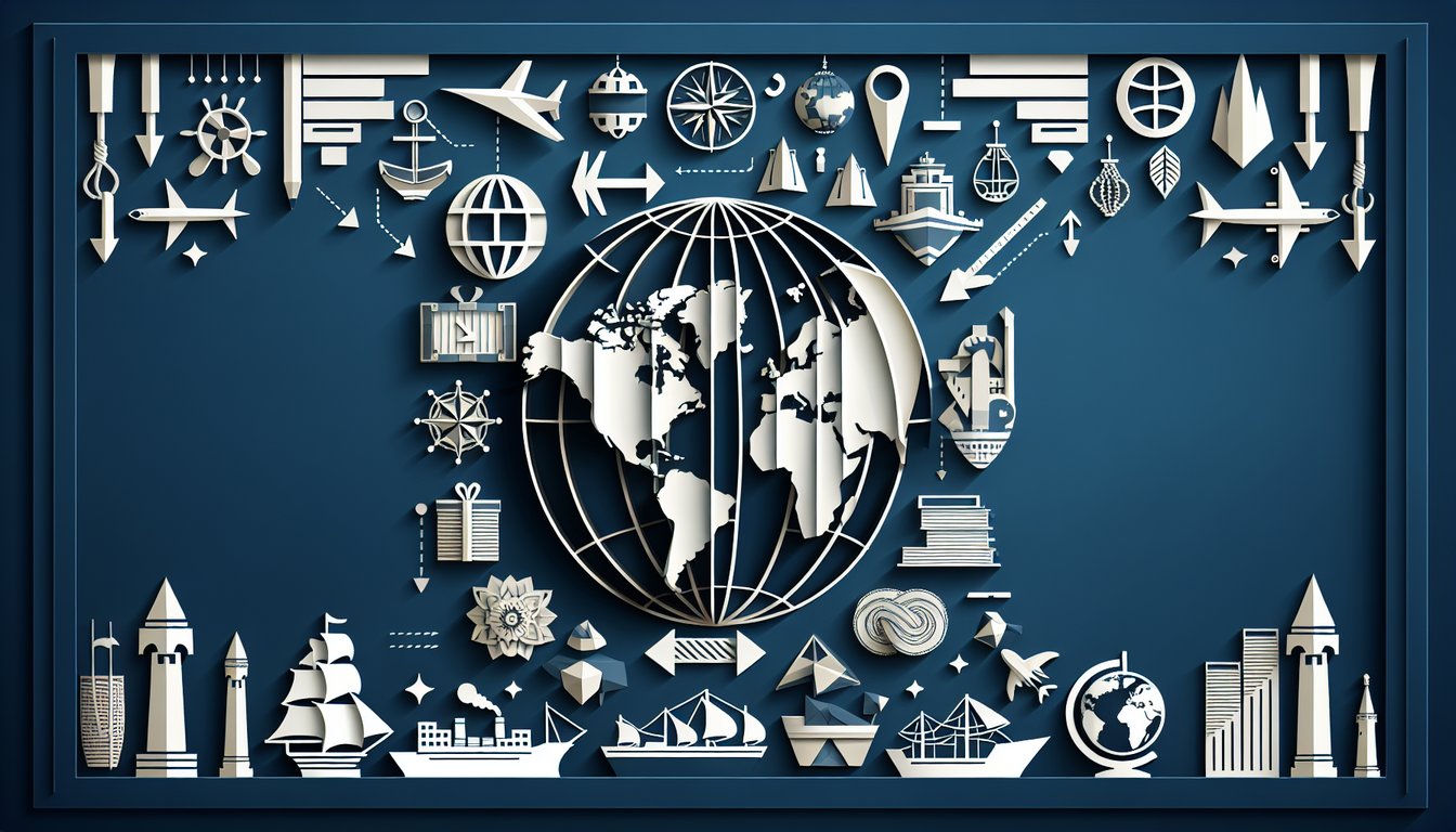 Colorful paper art promoting a trivia quiz on global trade dynamics and cultural transformations.