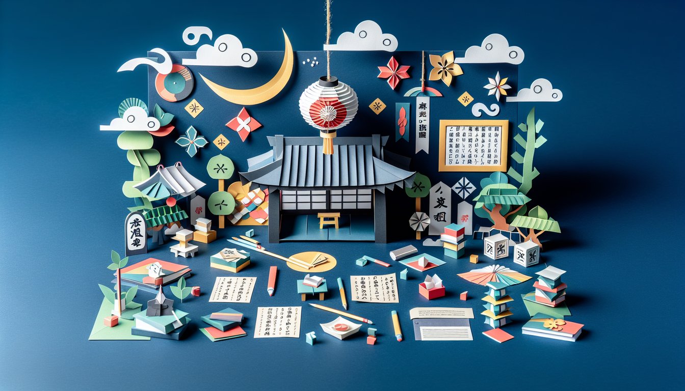 Paper art representing the Kore wa Hondesu Japanese language trivia quiz for high school students.