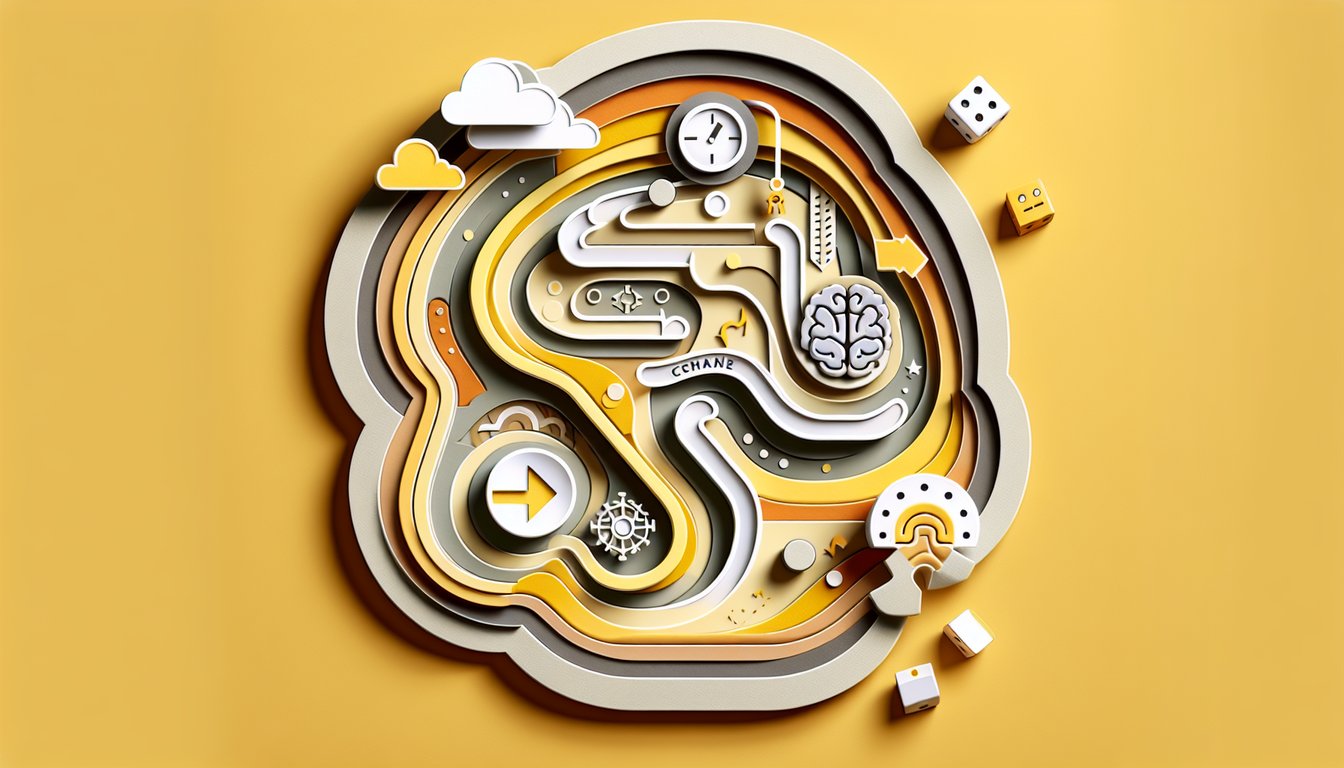 Paper art illustration with abstract shapes and puzzle pieces for a Jung personality quiz on golden yellow background