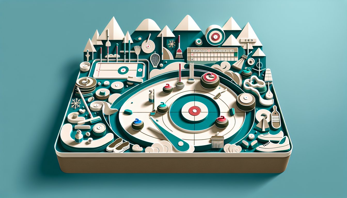Paper art curling stone and broom on teal background with quiz about curling trivia rules history and iconic moments