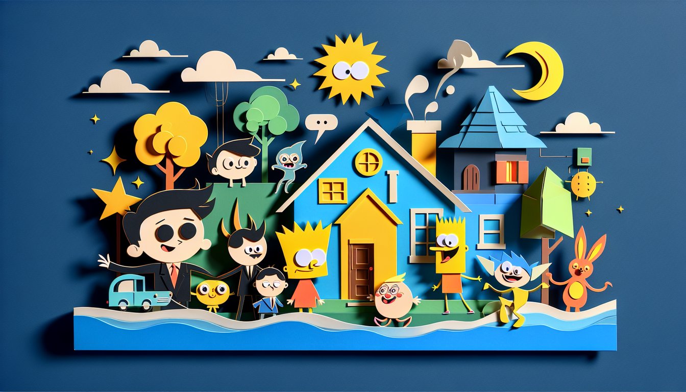 Paper art illustration featuring Simpsons characters layered on dark blue background with quiz title text