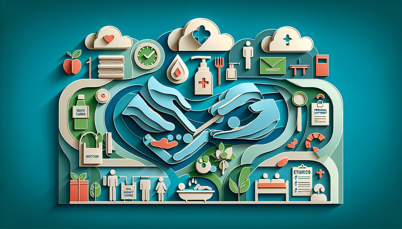 Paper art illustration showcasing PSW knowledge quiz with icons for infection control ADLs ethics on teal background