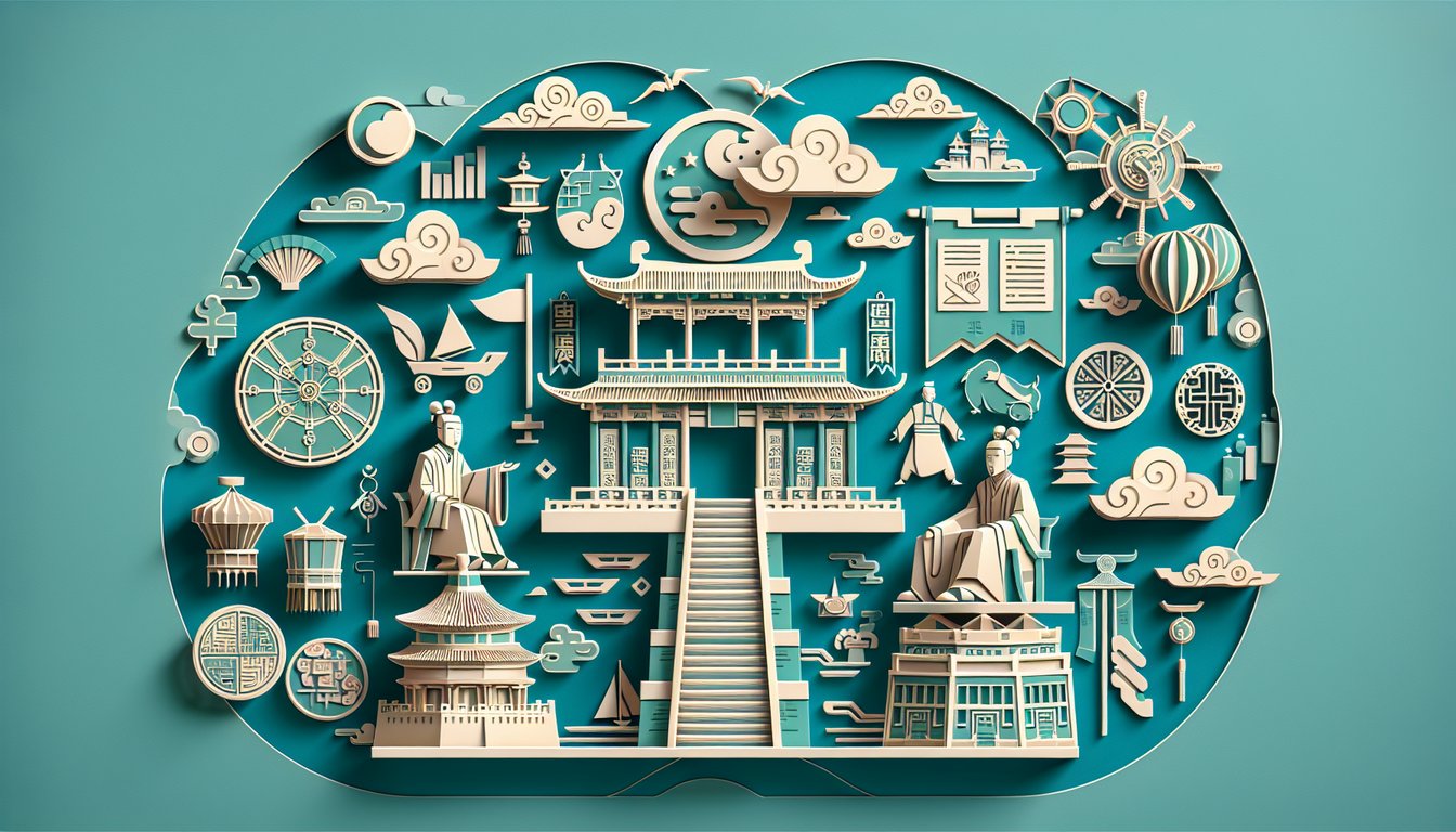 Paper art shows Zhou Dynasty vessel scholar on teal background for quiz on trade political shifts philosophy