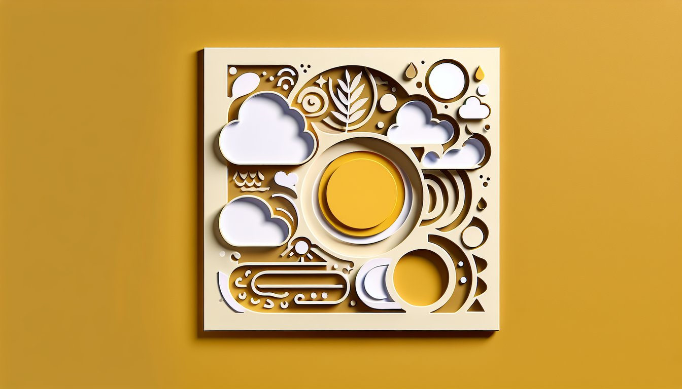 Paper art illustration for a visual vibe quiz on a golden yellow background