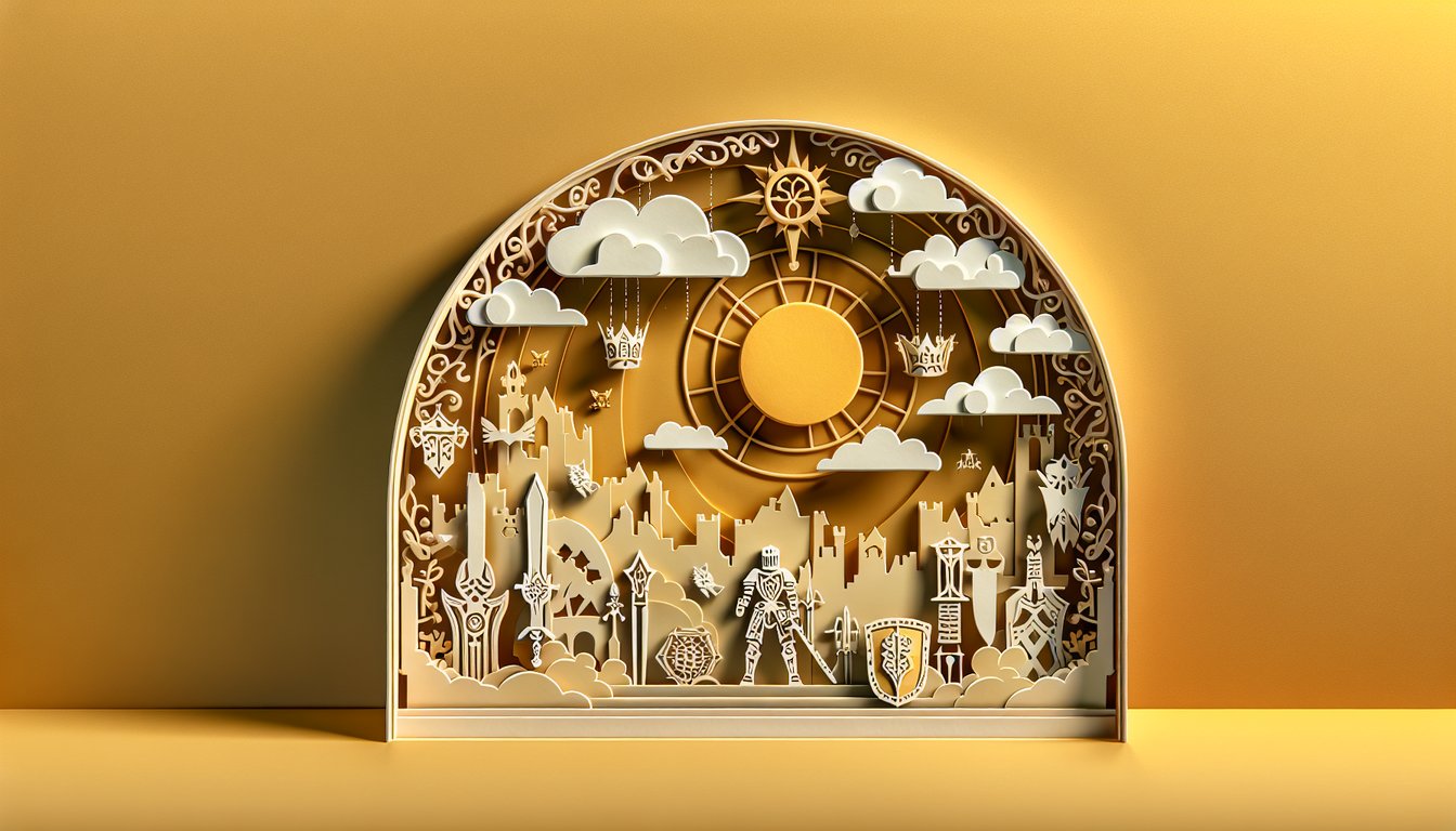 Paper art illustration for Knights Radiant quiz on Stormlight Archive knowledge on a golden yellow background