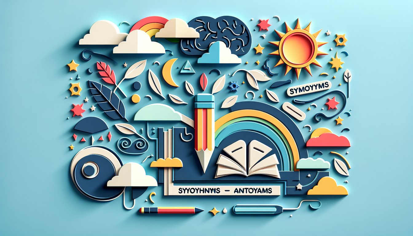 Paper art letters forming quiz float with book page fragments on sky blue backdrop conveying vocabulary challenge