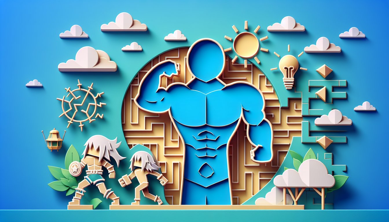 Paper art illustration anime quiz featuring hero and strategist motifs on sky blue background