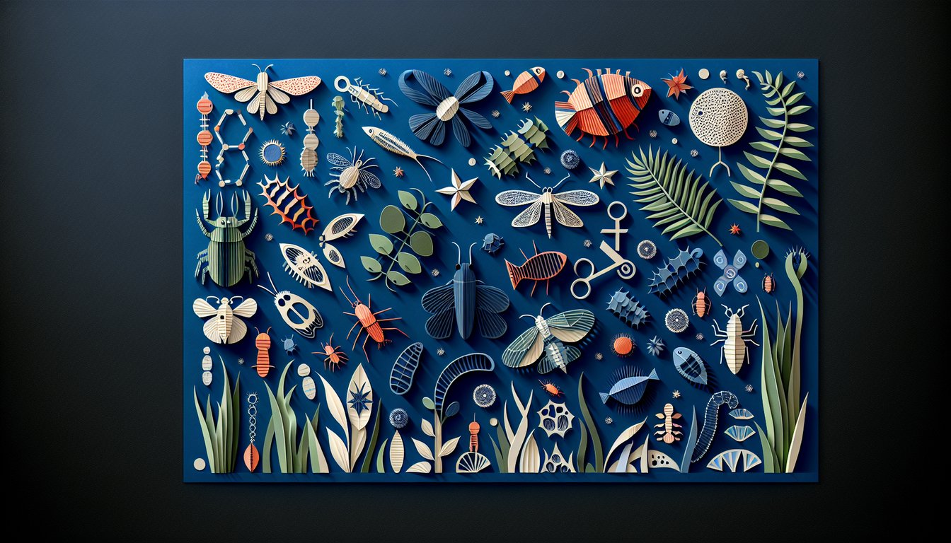 Colorful paper art promoting Taxonomy Takedown, a high school biology quiz game.