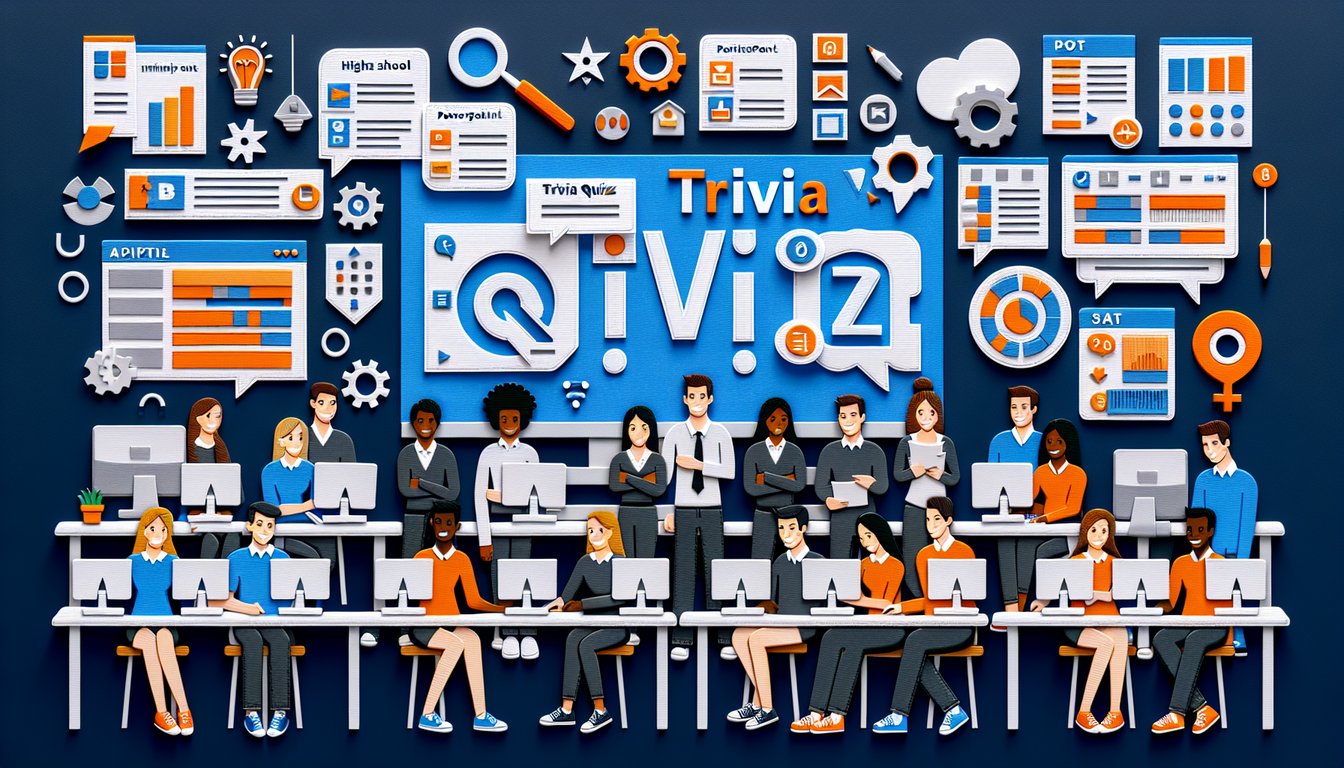 Colorful paper art promoting PowerPoint Pro Quiz for high school and college students.