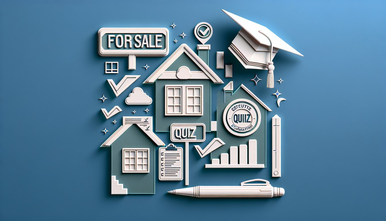 Paper art house icon and checklist on teal background for free real estate license exam practice quiz
