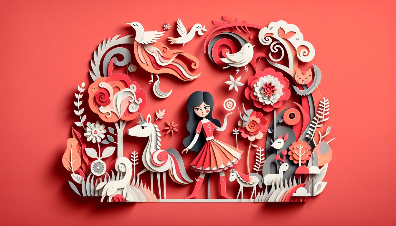 Paper art illustration of book with playful characters and vines on coral background for Hooky personality quiz