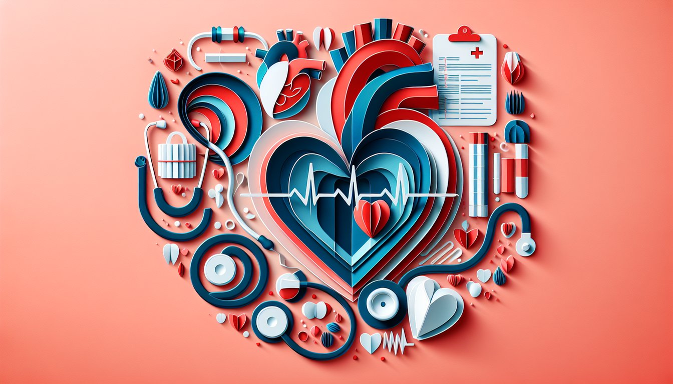 Paper art layered human heart illustration with gears and quiz symbols on coral background