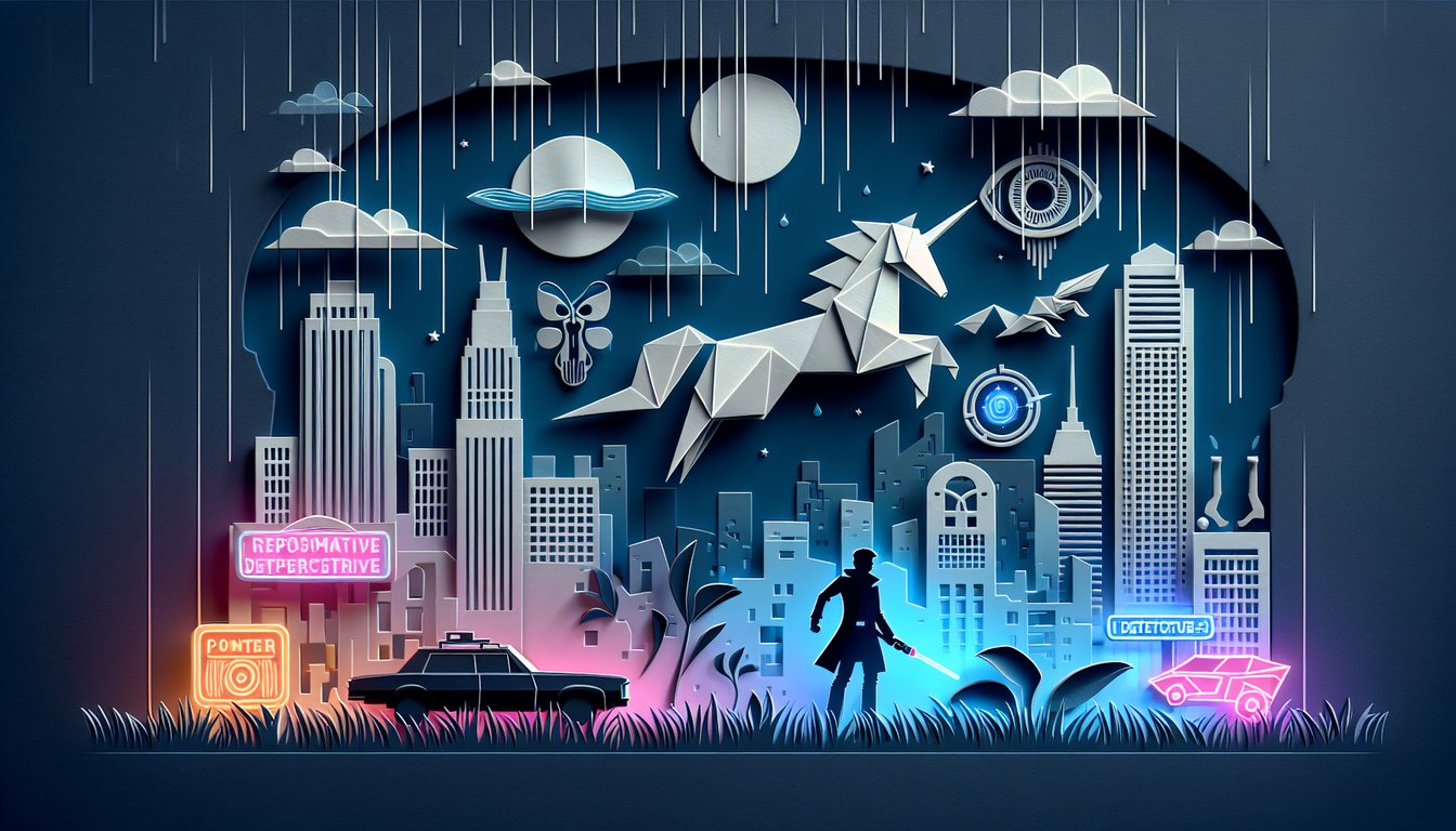 Paper art neon city skyline detective silhouette flying spinner on dark blue backdrop for Blade Runner trivia quiz.
