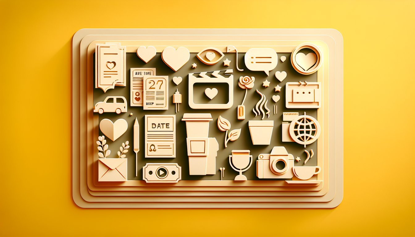 Paper art illustration with layered hearts smartphone dating icons on golden yellow background for Tinder personality quiz