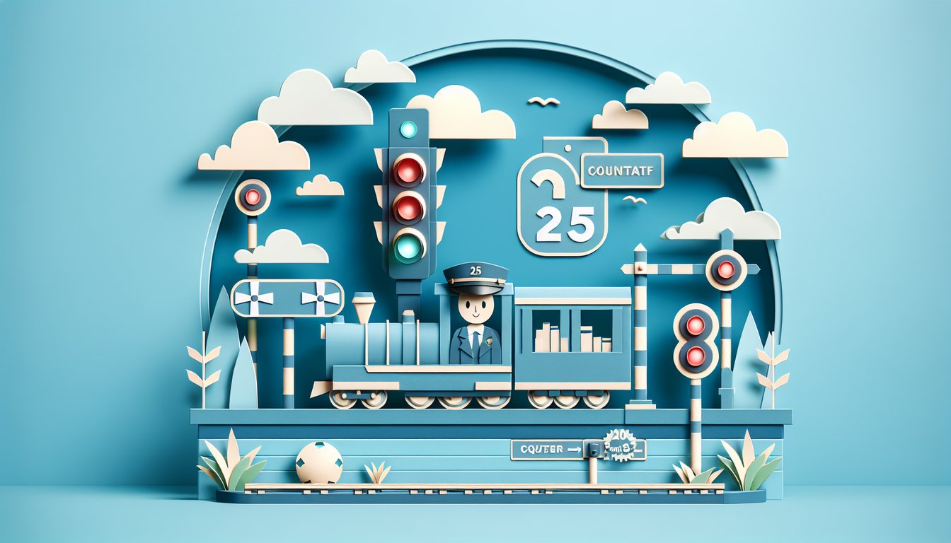 Paper art illustration for a conductor practice test quiz on CN USOR regulations and railroad safety on sky blue background.