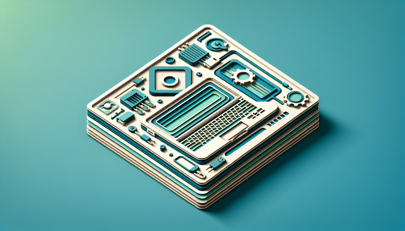 Paper art Chromebook hardware quiz illustration laptop keyboard screen battery gears question mark on teal background.