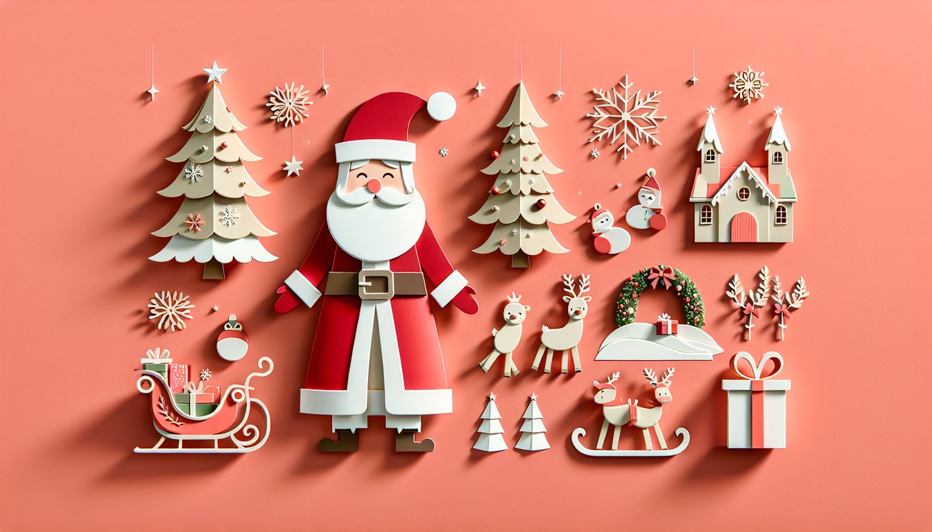 Paper art illustration for Santa trivia quiz on a festive folklore theme on a coral background