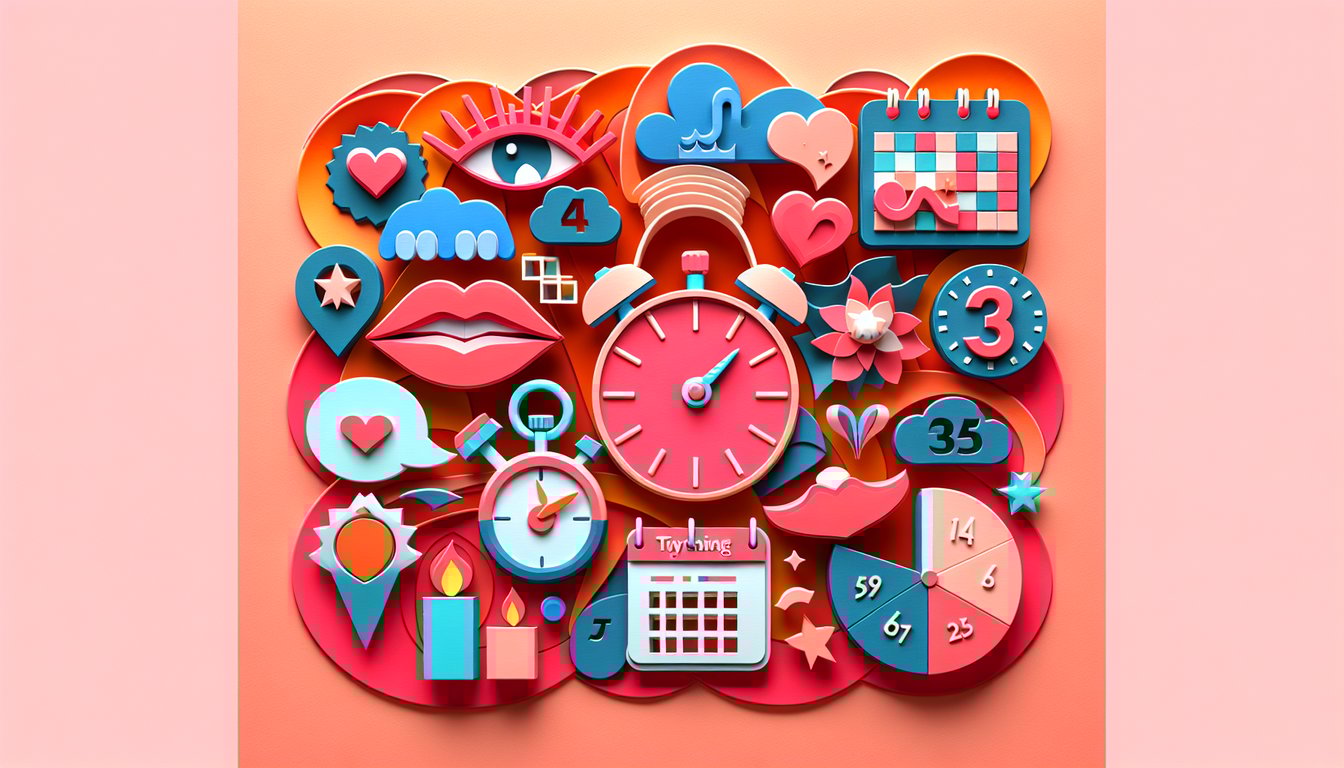 layered paper hearts lips and question marks on a coral background symbolizing a quiz about first kiss timing