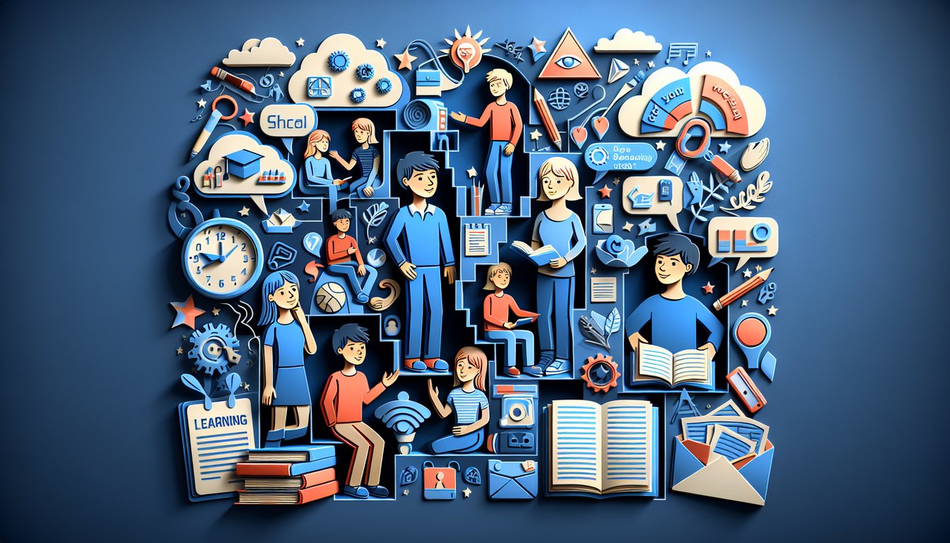 Paper art illustration of middle schoolers exploring social styles learning habits hidden strengths on dark blue background