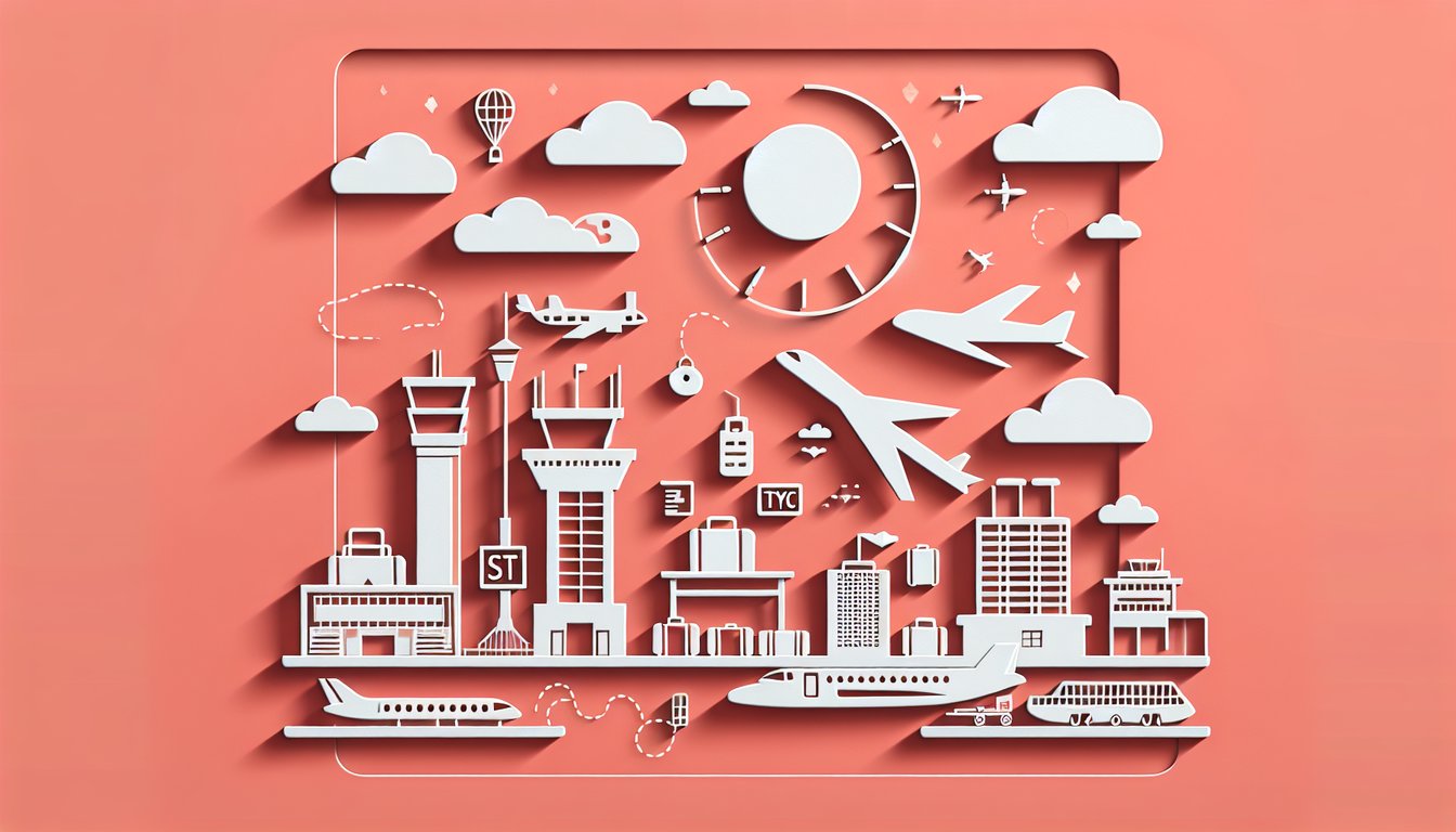 Paper art airport code quiz with paper planes, luggage icons, city maps on coral background