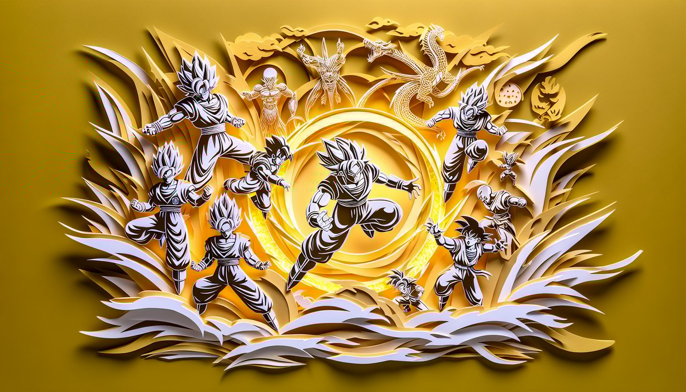 Paper art illustration of DBZ characters and battle icons for free quiz on golden yellow background
