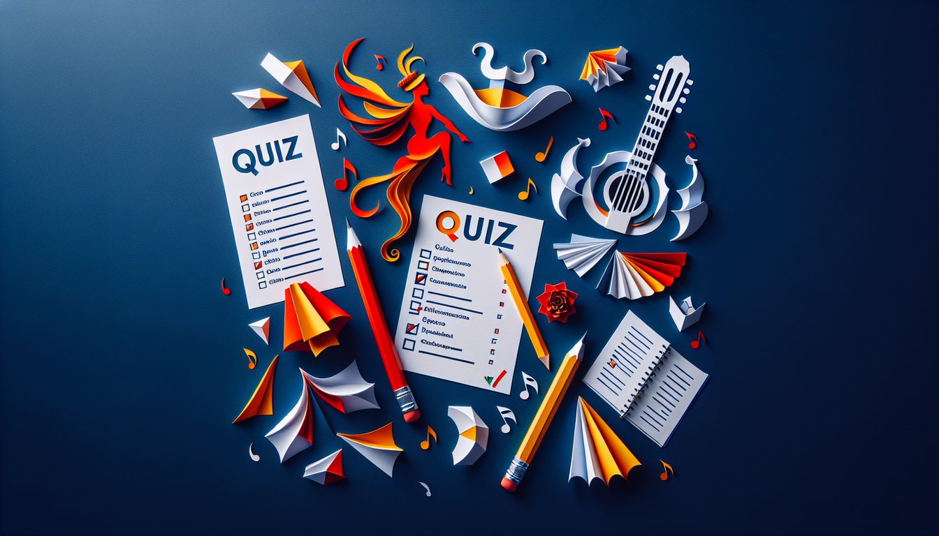 Colorful paper art promoting Ultimate Spanish Superlatives practice quiz for high school students.